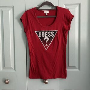 GUESS Womens Y2K Red Triangle Graphic Short Sleeve T-Shirt Medium Sparkles